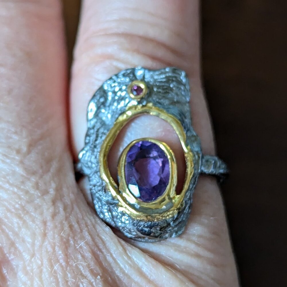 RING Amethyst with Garnet Accent, Sterling Silver Size 8